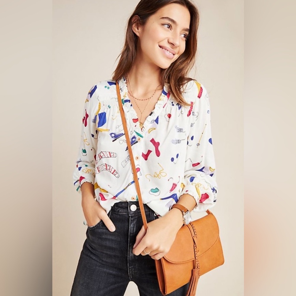 MAEVE Anthropologie Blouse Women Snow Day Long Sleeve Novelty Whimsical Size 10